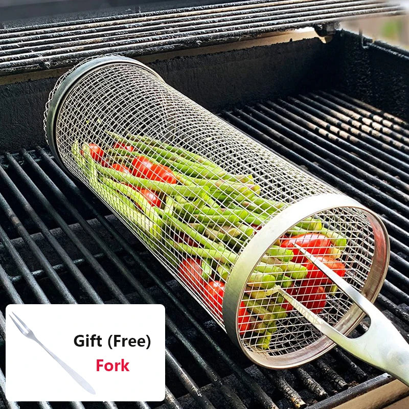 Rolling BBQ Basket – Stainless Steel Grilling Mesh for Vegetables, Fish & More