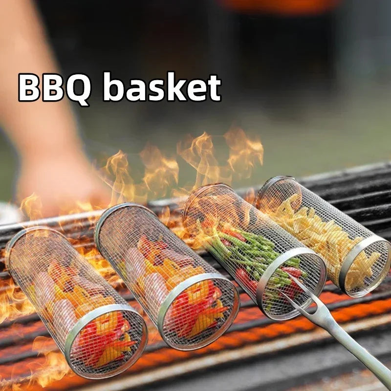 Rolling BBQ Basket – Stainless Steel Grilling Mesh for Vegetables, Fish & More