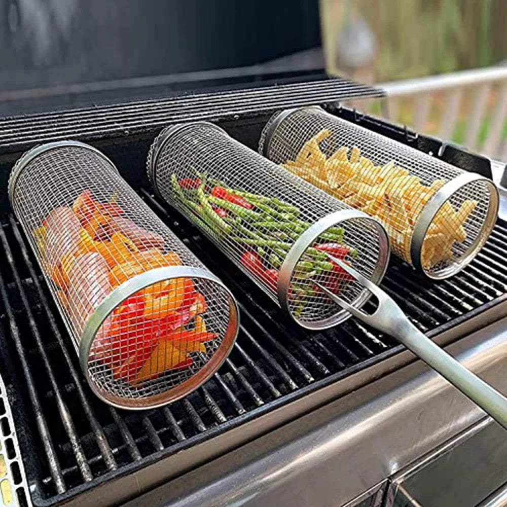 Rolling BBQ Basket – Stainless Steel Grilling Mesh for Vegetables, Fish & More
