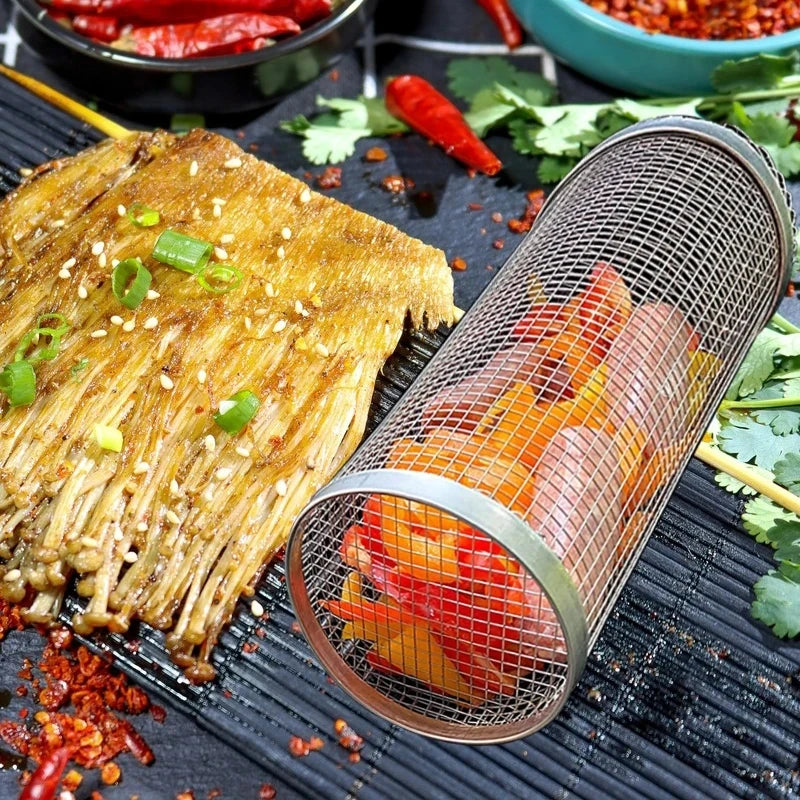 Rolling BBQ Basket – Stainless Steel Grilling Mesh for Vegetables, Fish & More
