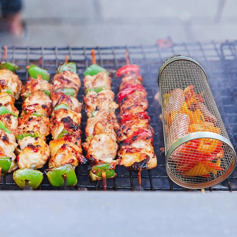 Rolling BBQ Basket – Stainless Steel Grilling Mesh for Vegetables, Fish & More