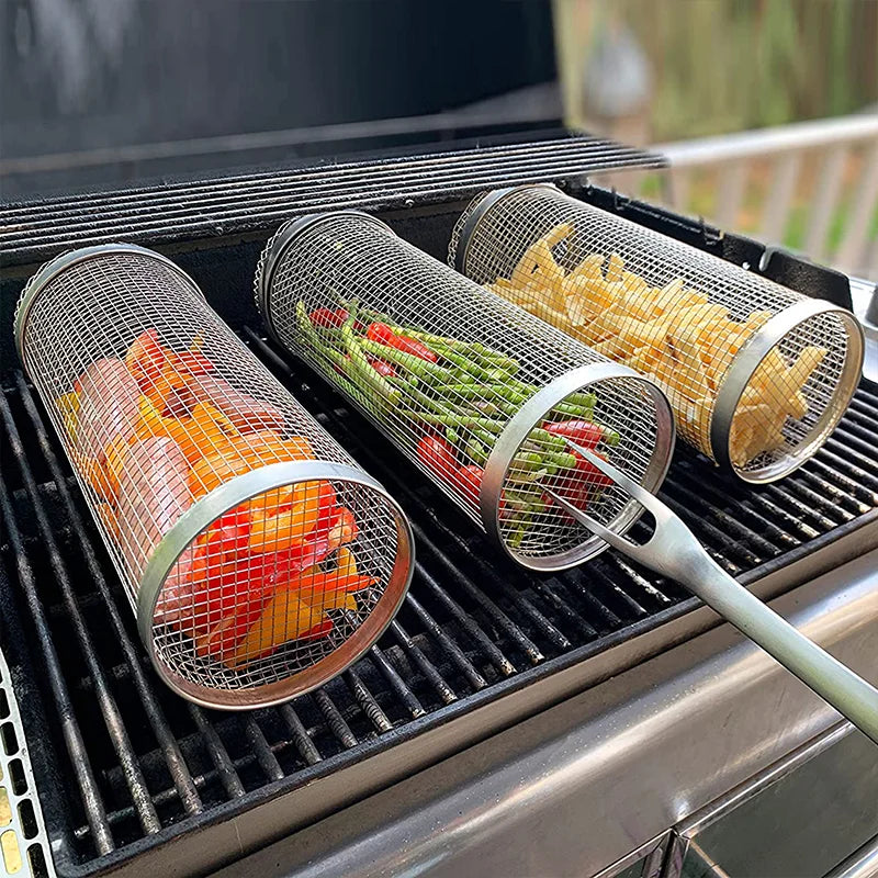 Rolling BBQ Basket – Stainless Steel Grilling Mesh for Vegetables, Fish & More