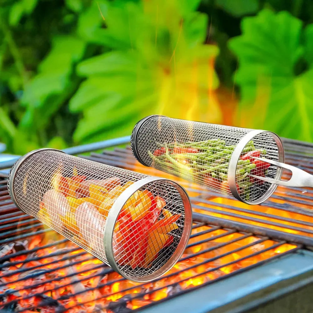 Rolling BBQ Basket – Stainless Steel Grilling Mesh for Vegetables, Fish & More