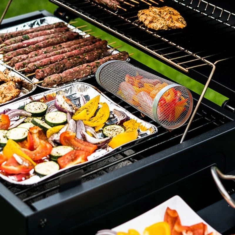 Rolling BBQ Basket – Stainless Steel Grilling Mesh for Vegetables, Fish & More