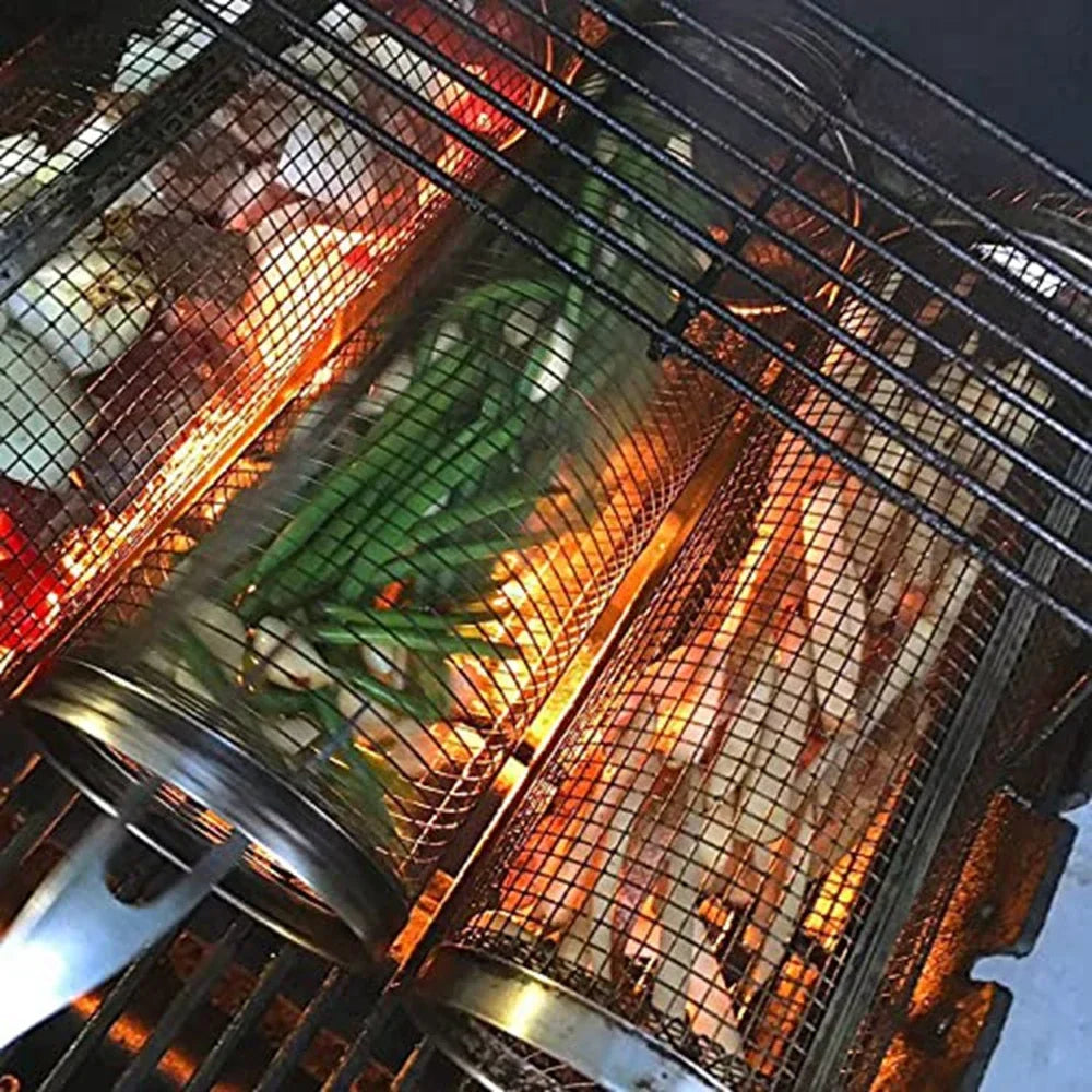 Rolling BBQ Basket – Stainless Steel Grilling Mesh for Vegetables, Fish & More